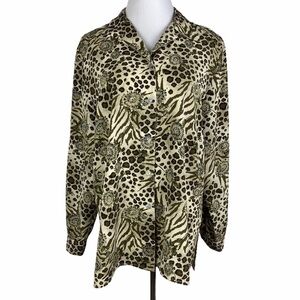 Impressions Vintage Cougar Print Button Down Shirt Women's Large Tan Long Sleeve